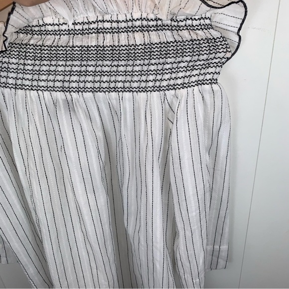 PINKO Boho Ruffled Off-Shoulder Striped Black White Cotton Smocked Top sz S - Picture 6 of 8